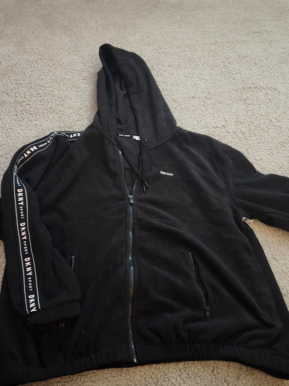 DKNY Black Full-Zip Hooded Sweatshirt with Logo Tape